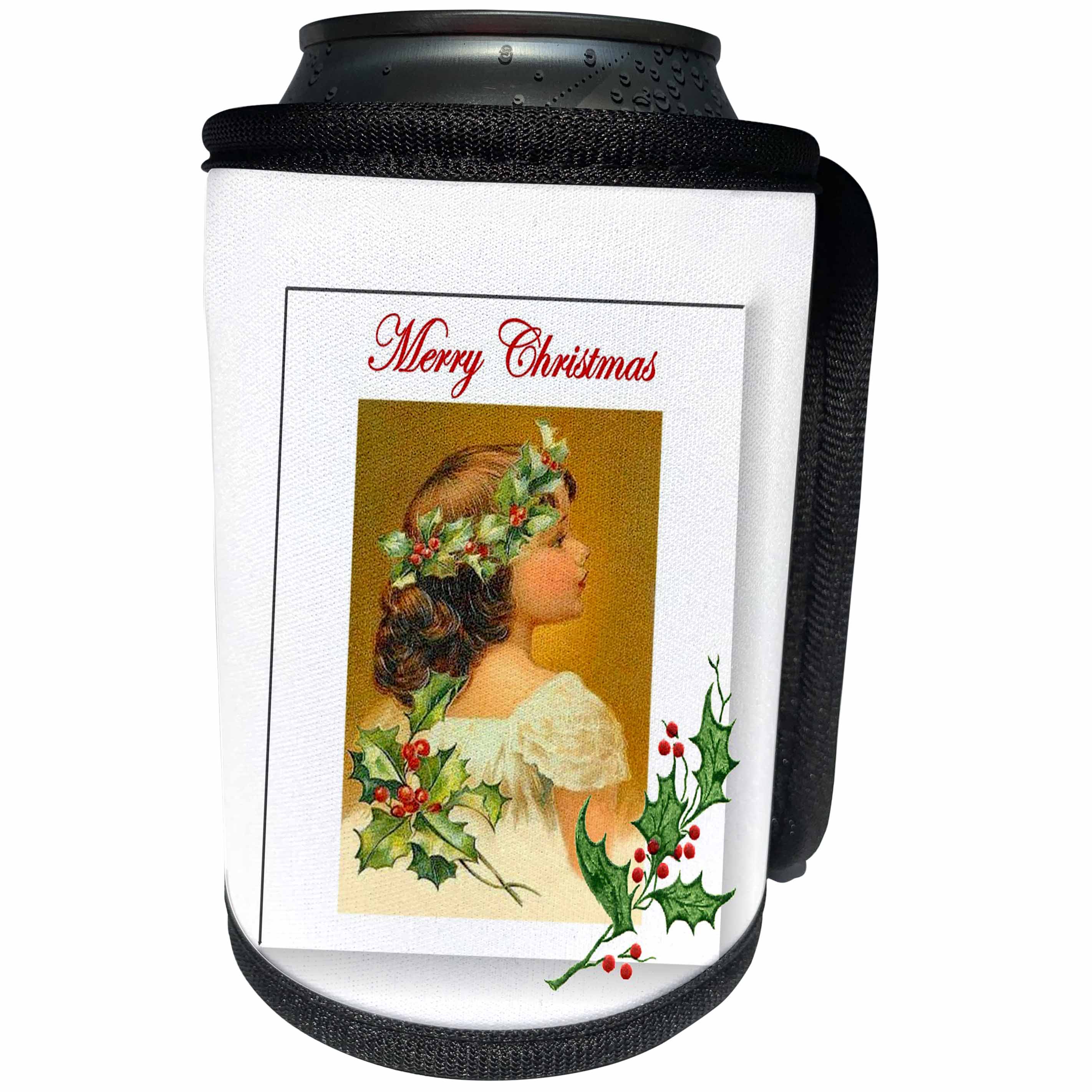 3dRose SmudgeArt All Things Christmas - A Little Girl With A Holly Wreath Merry Christmas - Can Cooler Bottle Wrap (cc_26643)