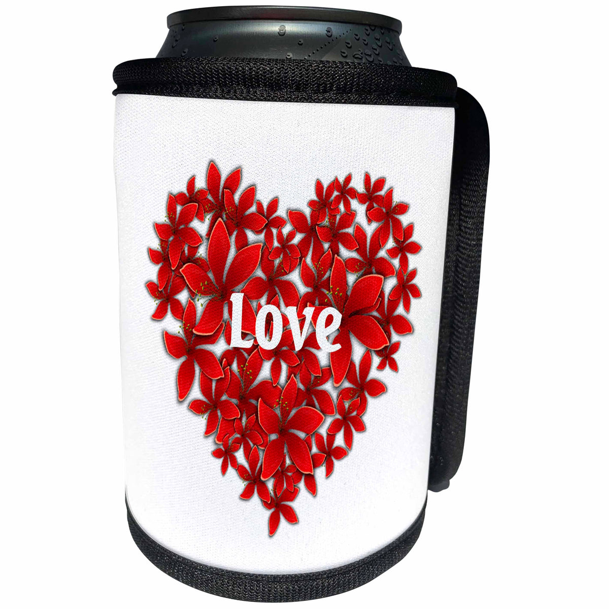 3dRose Valentine Designs - Image of Large Red Floral Heart With Word Love - Can Cooler Bottle Wrap (cc_266430)