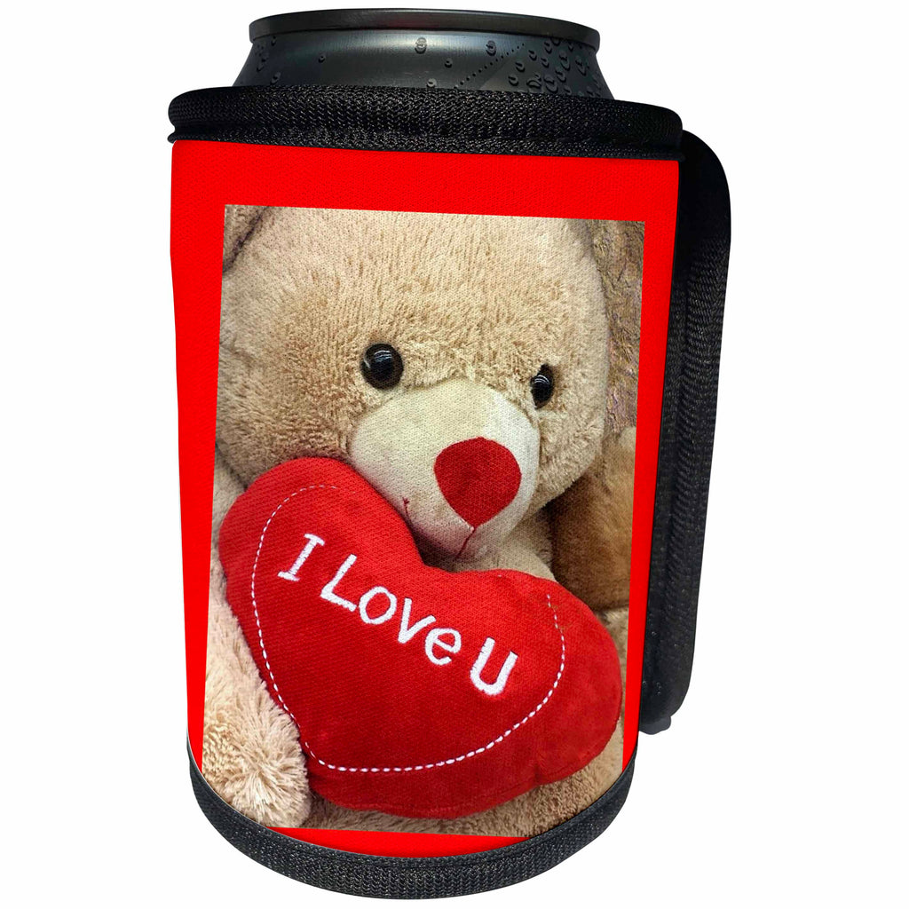 3dRose Valentine Designs - Image of Teddy Bear Says I Love You With Heart In Mouth - Can Cooler Bottle Wrap (cc_266435)