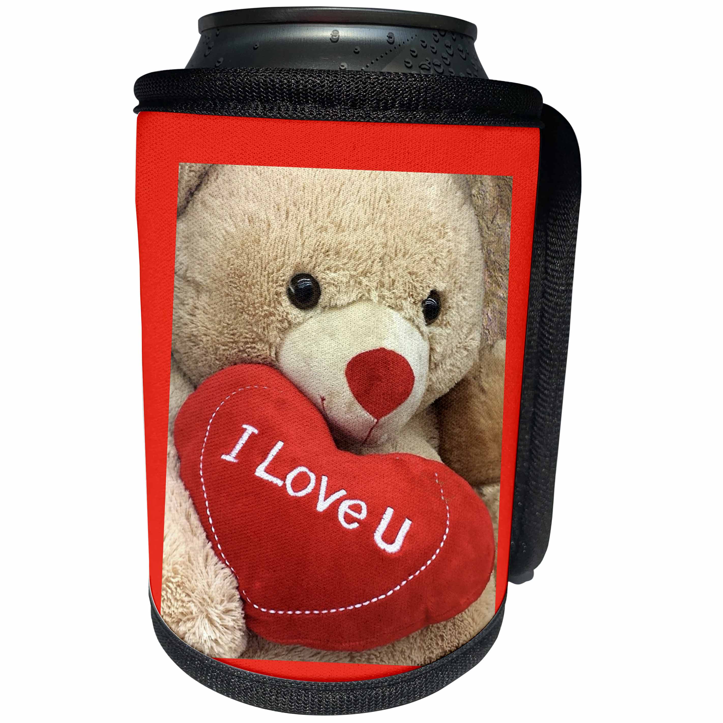 3dRose Valentine Designs - Image of Teddy Bear Says I Love You With Heart In Mouth - Can Cooler Bottle Wrap (cc_266435)