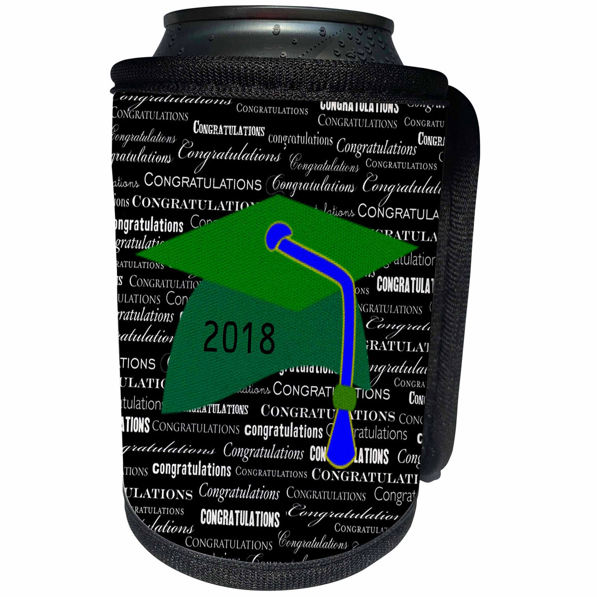 3dRose Graduation - Image of Green Cap Blue Tassel Sit On Congratulations Words - Can Cooler Bottle Wrap (cc_266443)