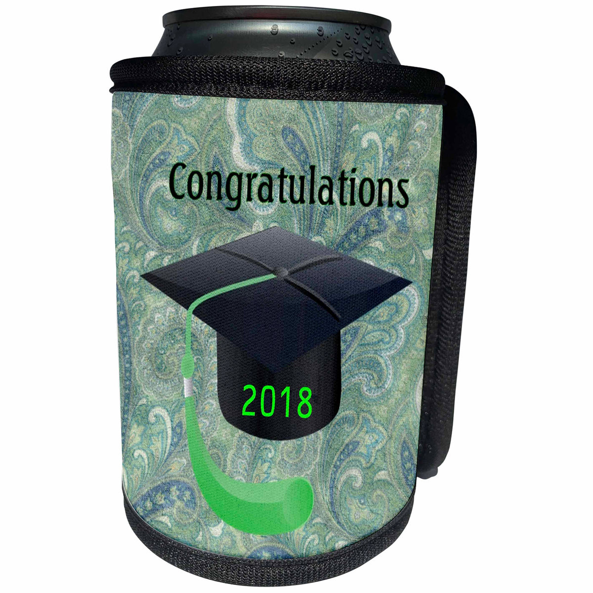 3dRose Graduation - Image of Congratulations Black Cap Green Tassel On Damask - Can Cooler Bottle Wrap (cc_266446)