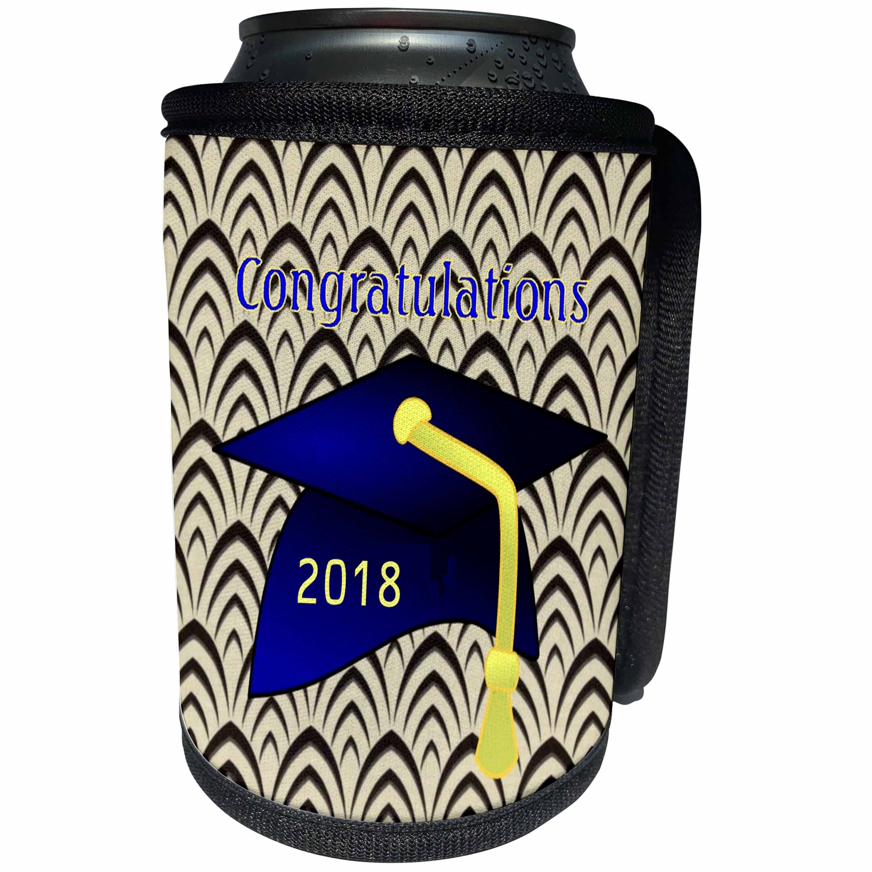 3dRose Graduation - Image of Congratulations Blue Cap Yellow Tassel Art Deco Back - Can Cooler Bottle Wrap (cc_266449)