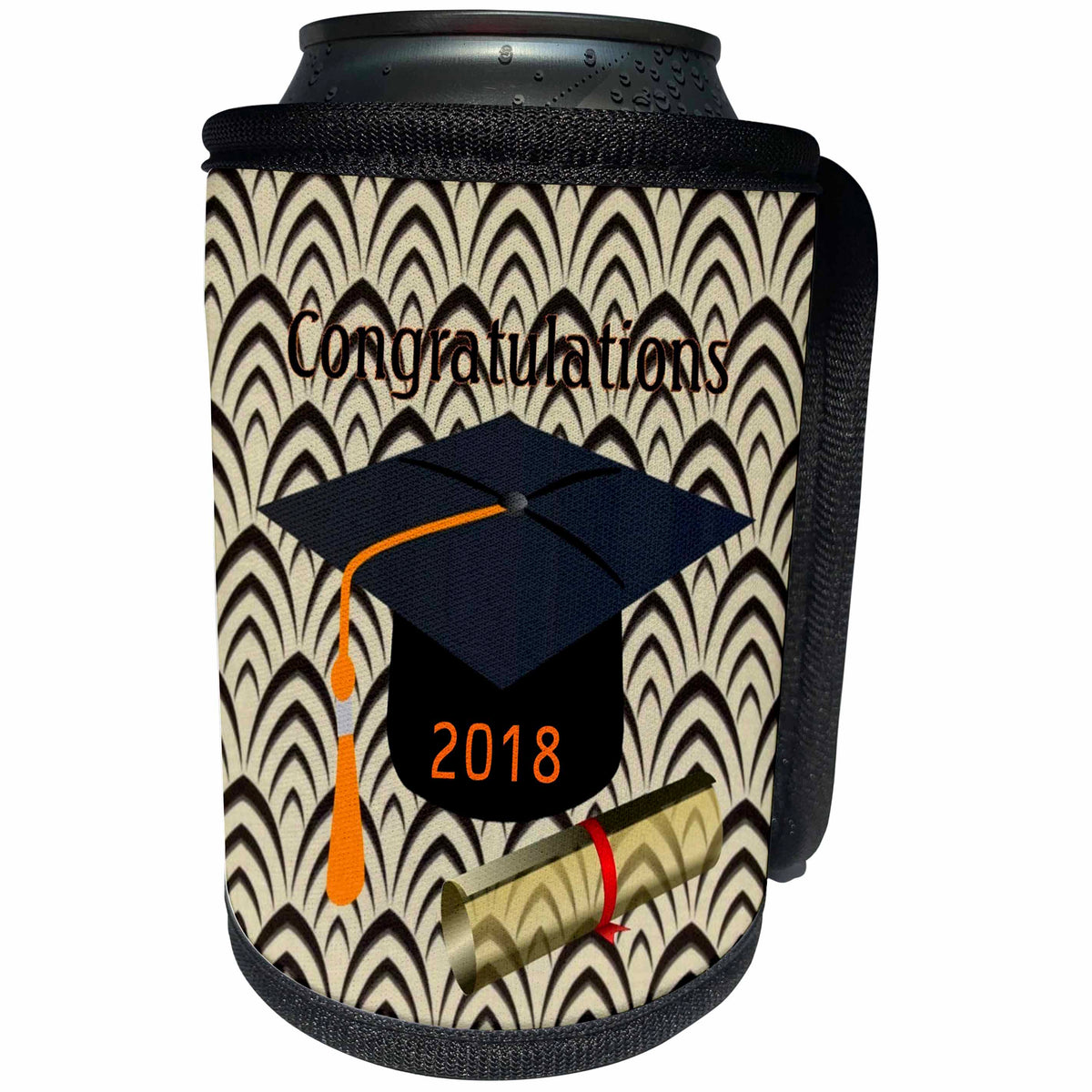 3dRose Graduation - Image of Congratulations Black Cap Orange Tassel and Diploma - Can Cooler Bottle Wrap (cc_266450)