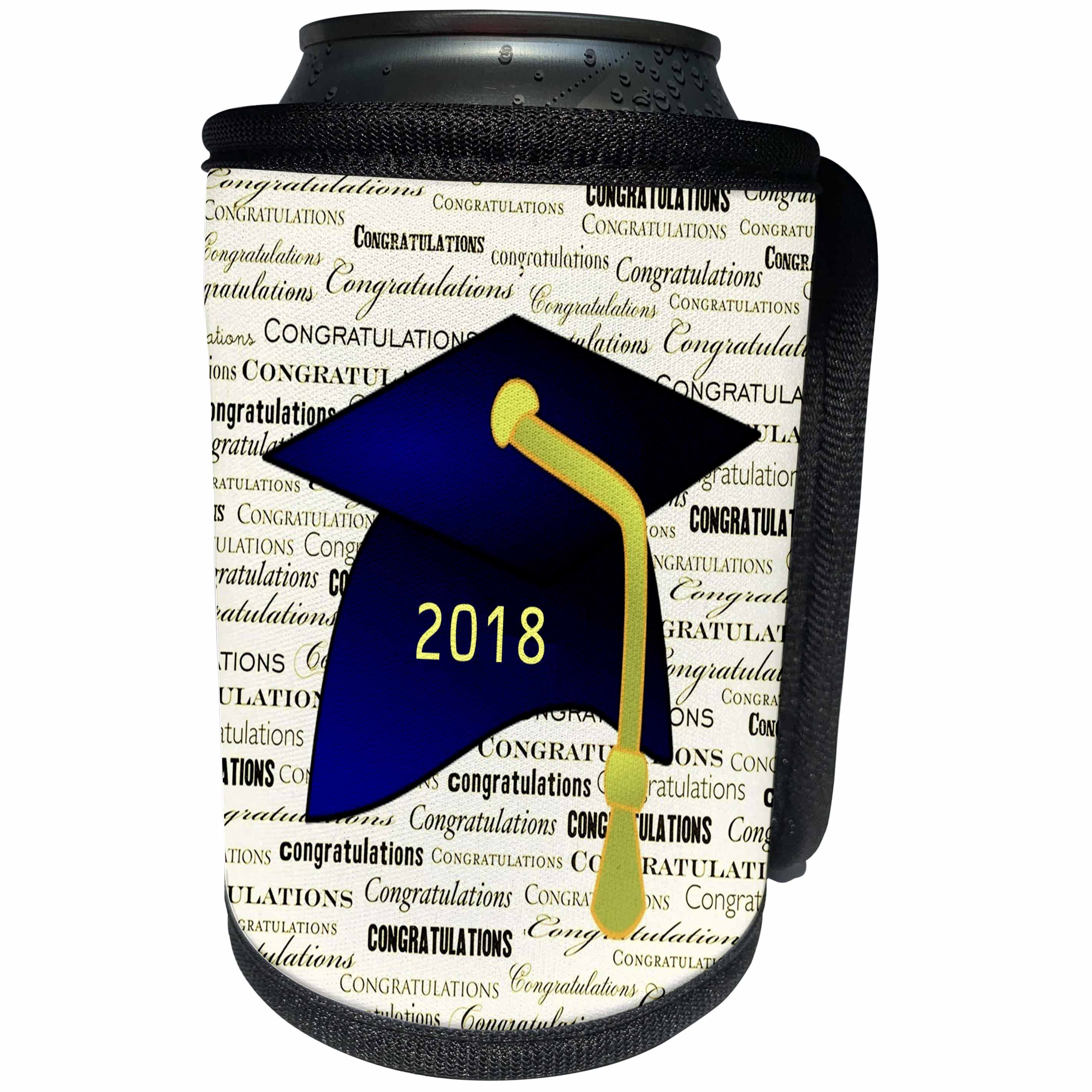 3dRose Graduation - Image of Congratulations Blue Cap Yellow Tassel On Message - Can Cooler Bottle Wrap (cc_266456)