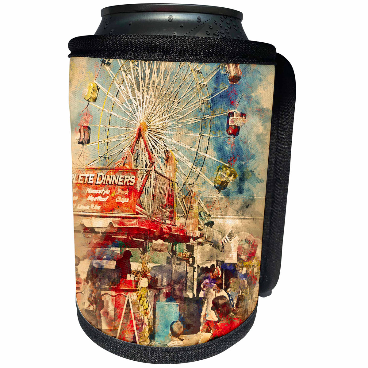 3dRose TDSwhite – Watercolor Style Design - County Fair Day Midway Rides Food Booth Watercolor Style Picture - Can Cooler Bottle Wrap (cc_266459)