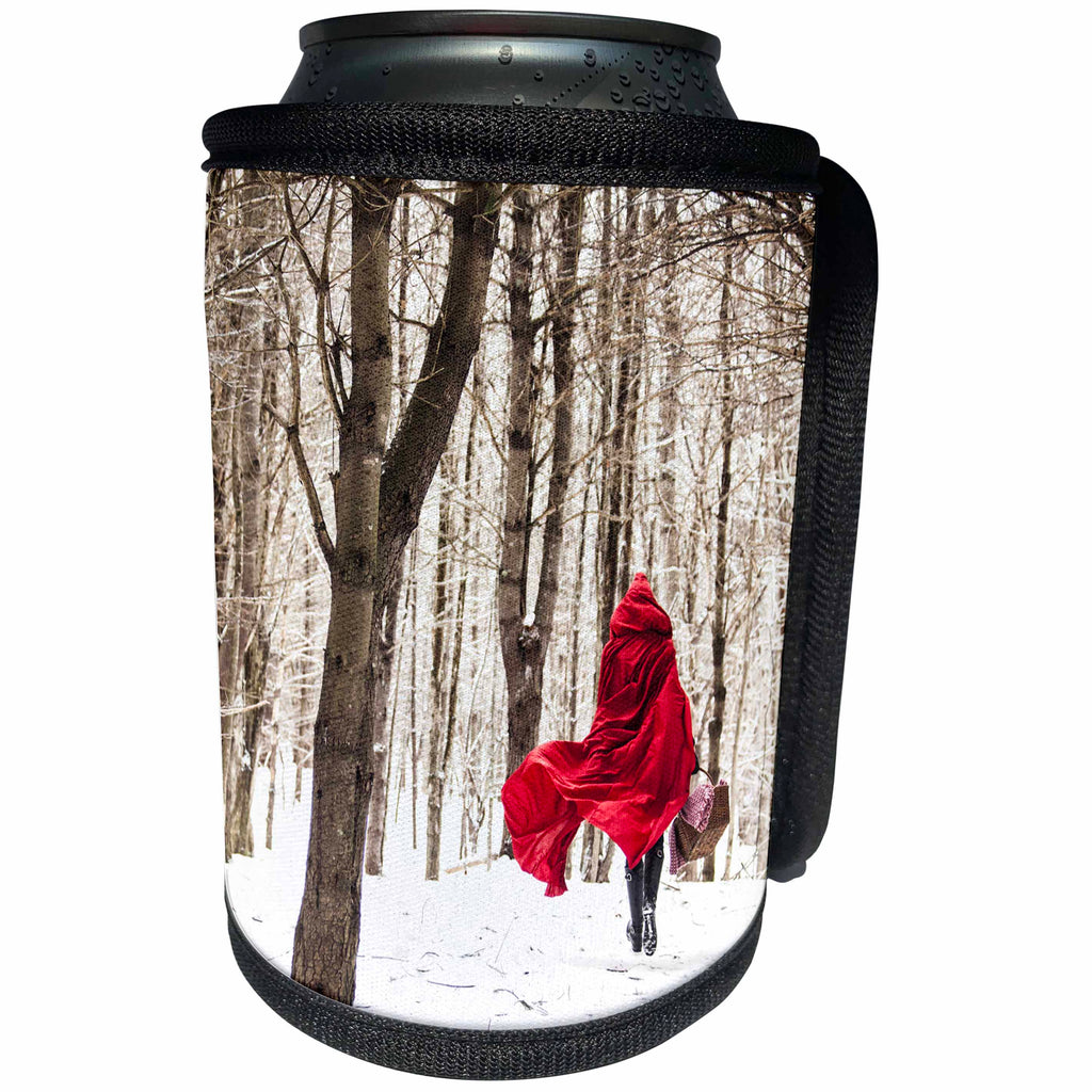 3dRose TDSwhite – Photography - Little Red Riding Hood Fairy Tale Snowy Woods Winter Day Photo - Can Cooler Bottle Wrap (cc_266461)