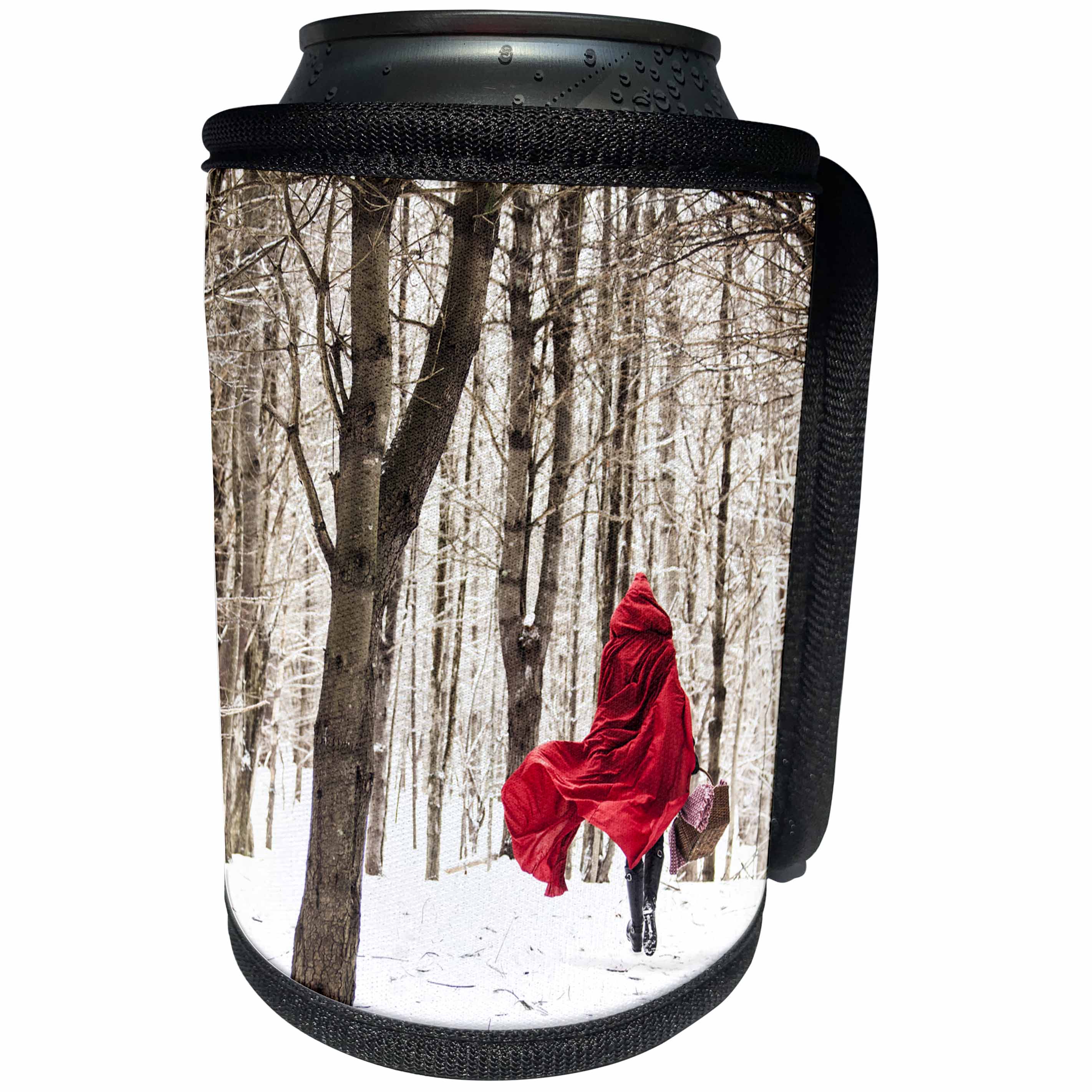 3dRose TDSwhite – Photography - Little Red Riding Hood Fairy Tale Snowy Woods Winter Day Photo - Can Cooler Bottle Wrap (cc_266461)