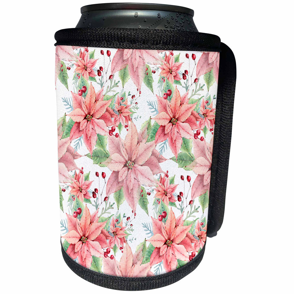 3dRose Anne Marie Baugh - Christmas - Pretty Watercolor Poinsettia Flowers Pattern - Can Cooler Bottle Wrap (cc_266572)