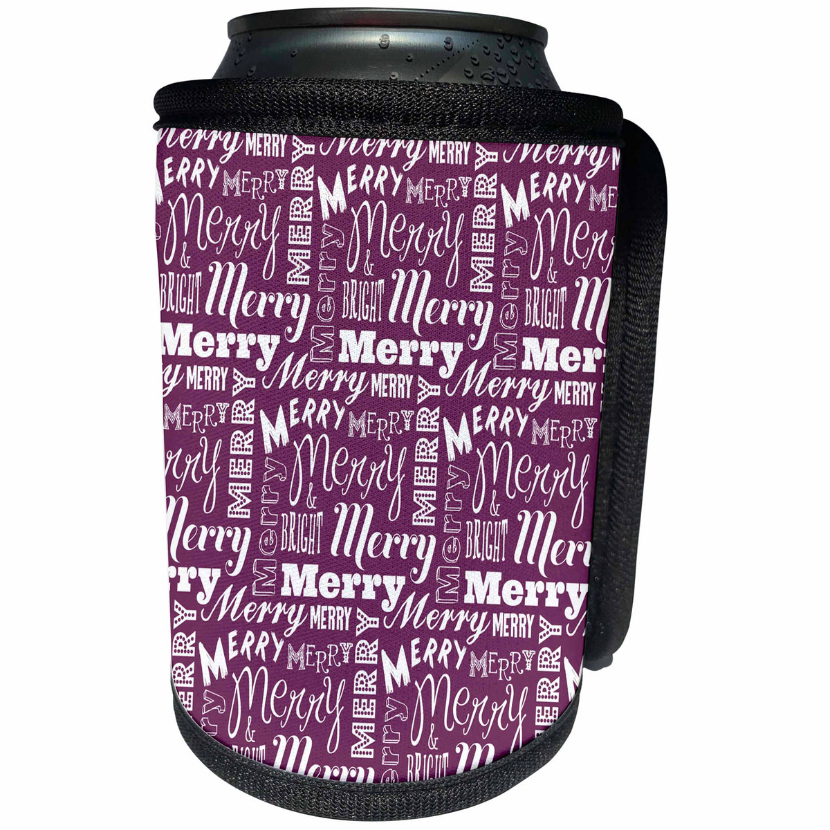 3dRose Anne Marie Baugh - Christmas - Cute Purple and White Christmas Merry and Bright Typography Pattern - Can Cooler Bottle Wrap (cc_266573)
