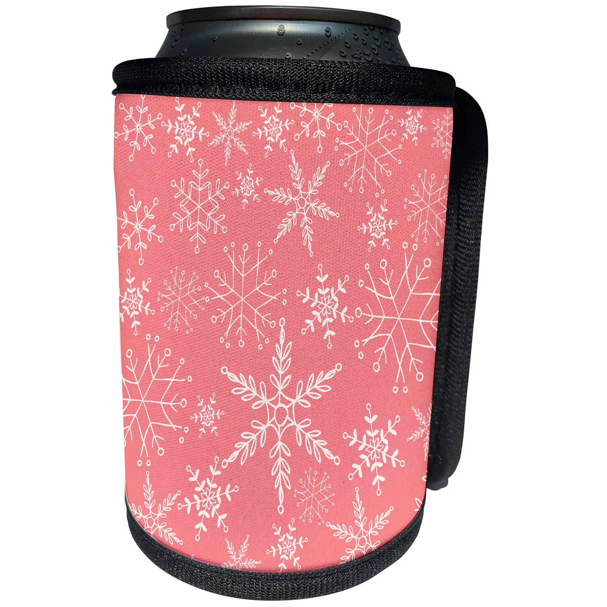 3dRose Anne Marie Baugh - Winter - Pretty Pink and White Fancy Snowflake Pattern - Can Cooler Bottle Wrap (cc_266583)
