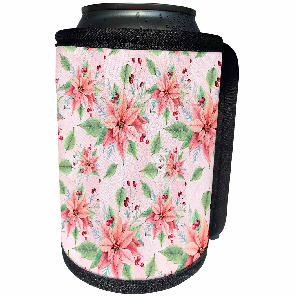 3dRose Anne Marie Baugh - Christmas - Elegant Pink and Red Poinsettia Christmas Flowers On A Pink Background - Can Cooler Bottle Wrap (cc_266585)