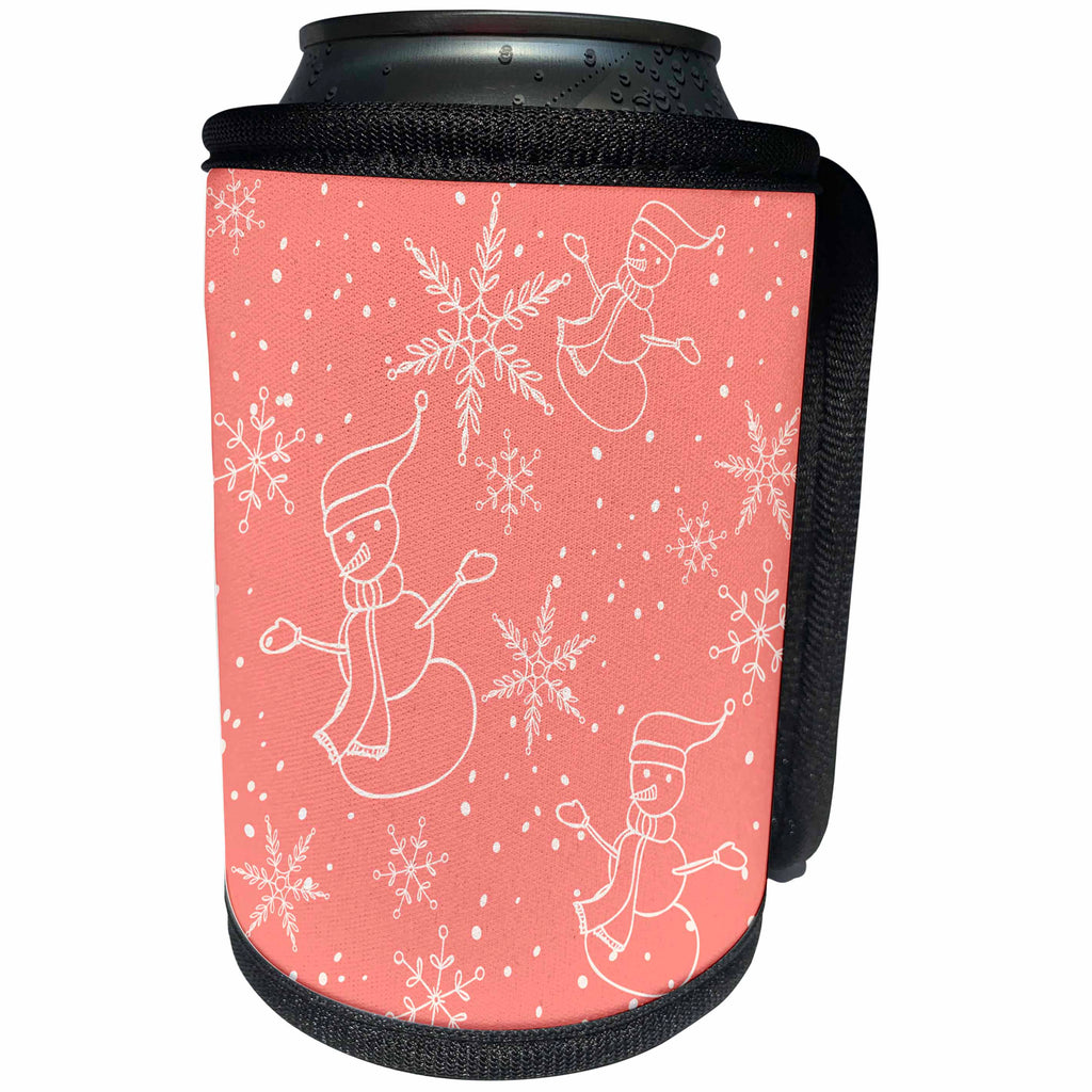 3dRose Anne Marie Baugh - Christmas - Pretty Snowmen and Snowflakes On A Pink Background Pattern - Can Cooler Bottle Wrap (cc_266597)