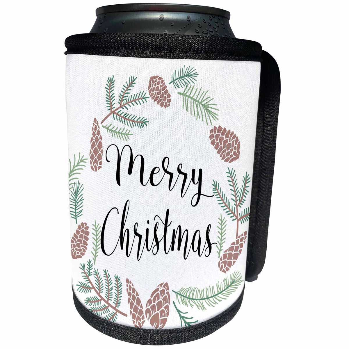 3dRose Anne Marie Baugh - Christmas - Pinecones and Pine Leaves Wreath with Merry Christmas Illustration - Can Cooler Bottle Wrap (cc_266598)