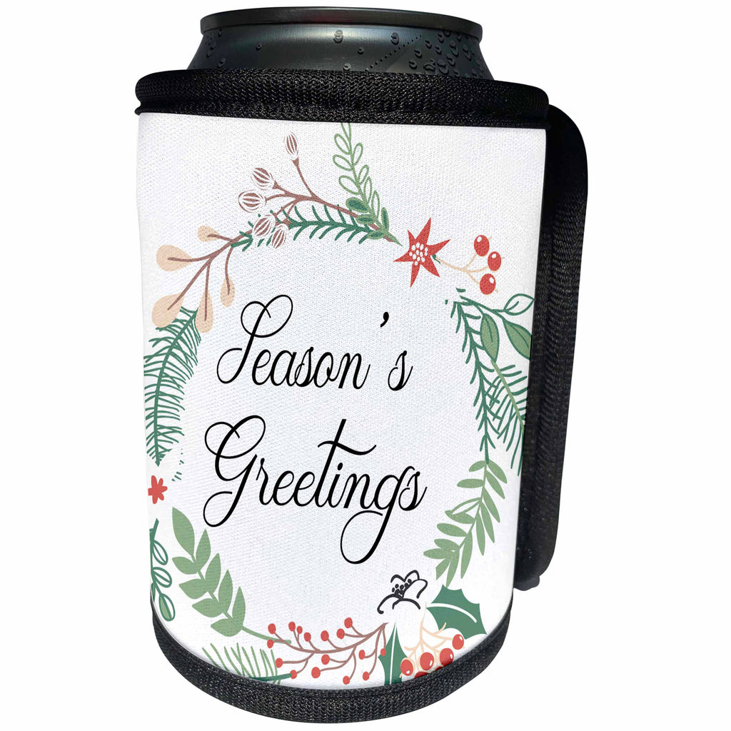 3dRose Anne Marie Baugh - Christmas - Cute Christmas Berry Wreath with Seasons Greetings Illustration - Can Cooler Bottle Wrap (cc_266599)