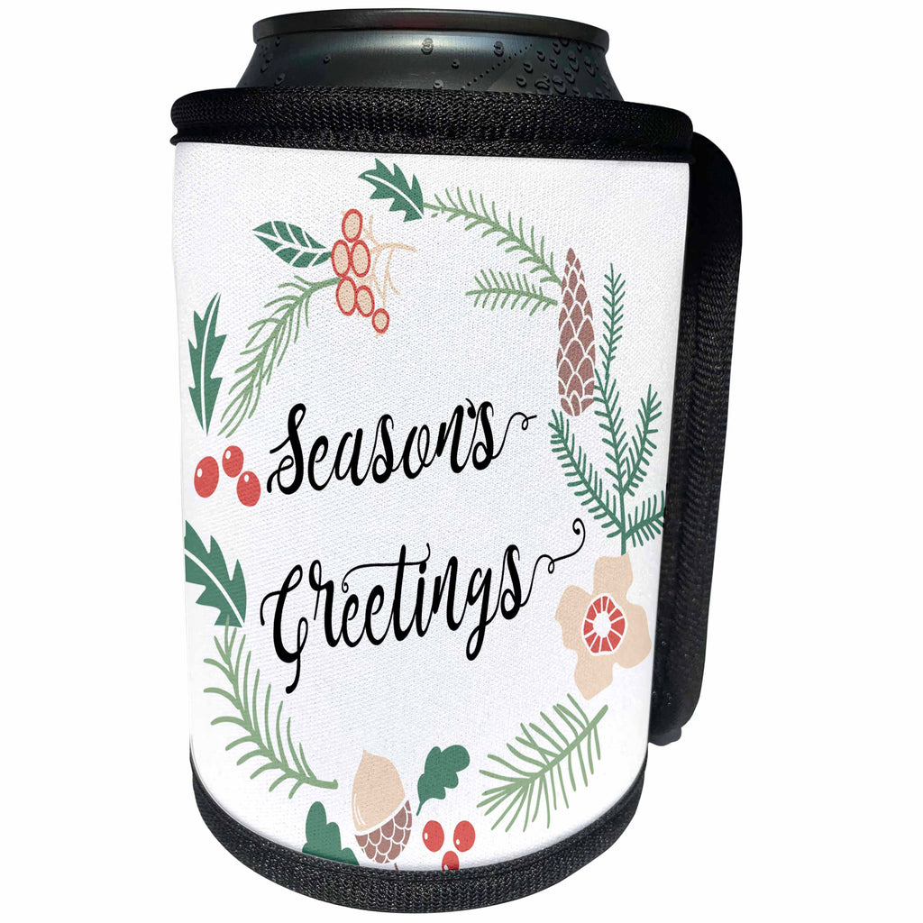 3dRose Anne Marie Baugh - Christmas - Pinecones, Berries, and Flowers Wreath With Seasons Greetings - Can Cooler Bottle Wrap (cc_266605)