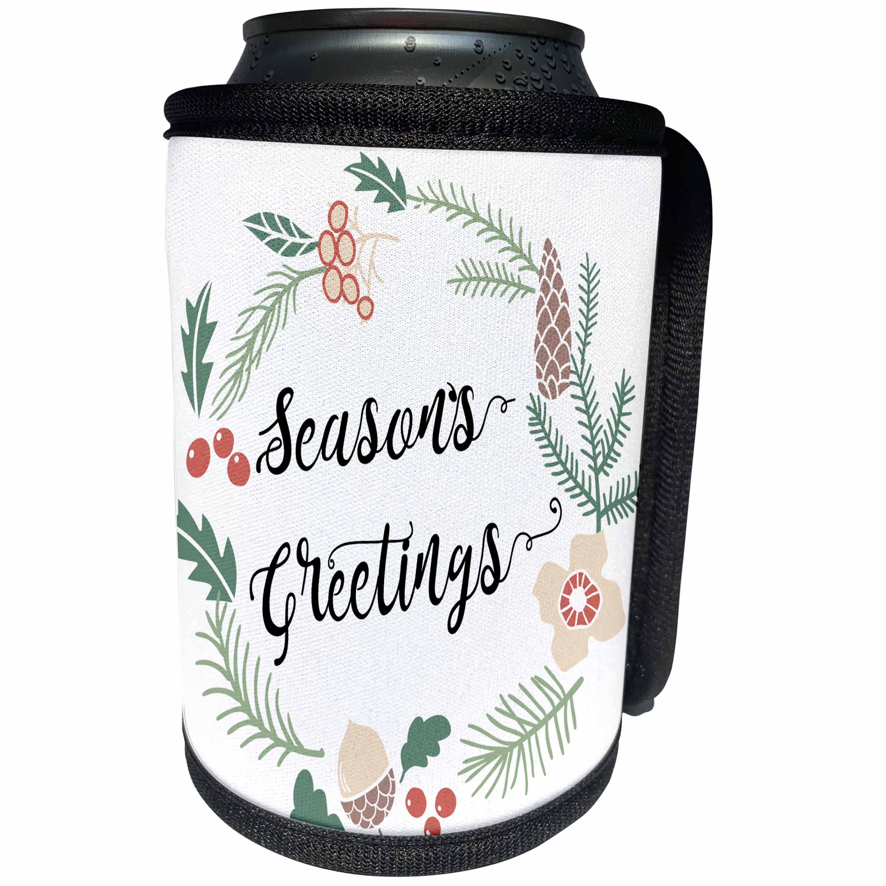 3dRose Anne Marie Baugh - Christmas - Pinecones, Berries, and Flowers Wreath With Seasons Greetings - Can Cooler Bottle Wrap (cc_266605)