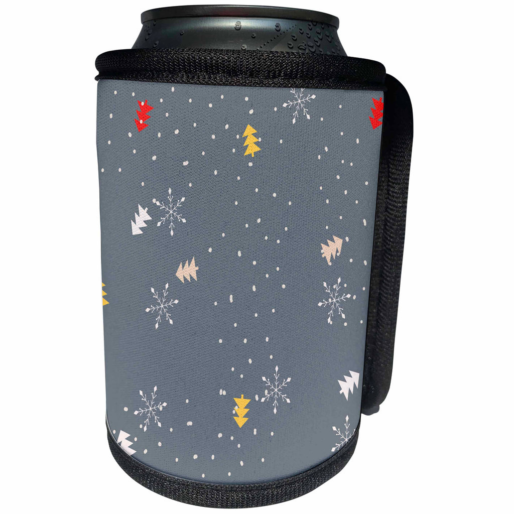3dRose Anne Marie Baugh - Christmas - Cute Little Red, Yellow, and Pink Christmas Trees and Snowflakes - Can Cooler Bottle Wrap (cc_266613)