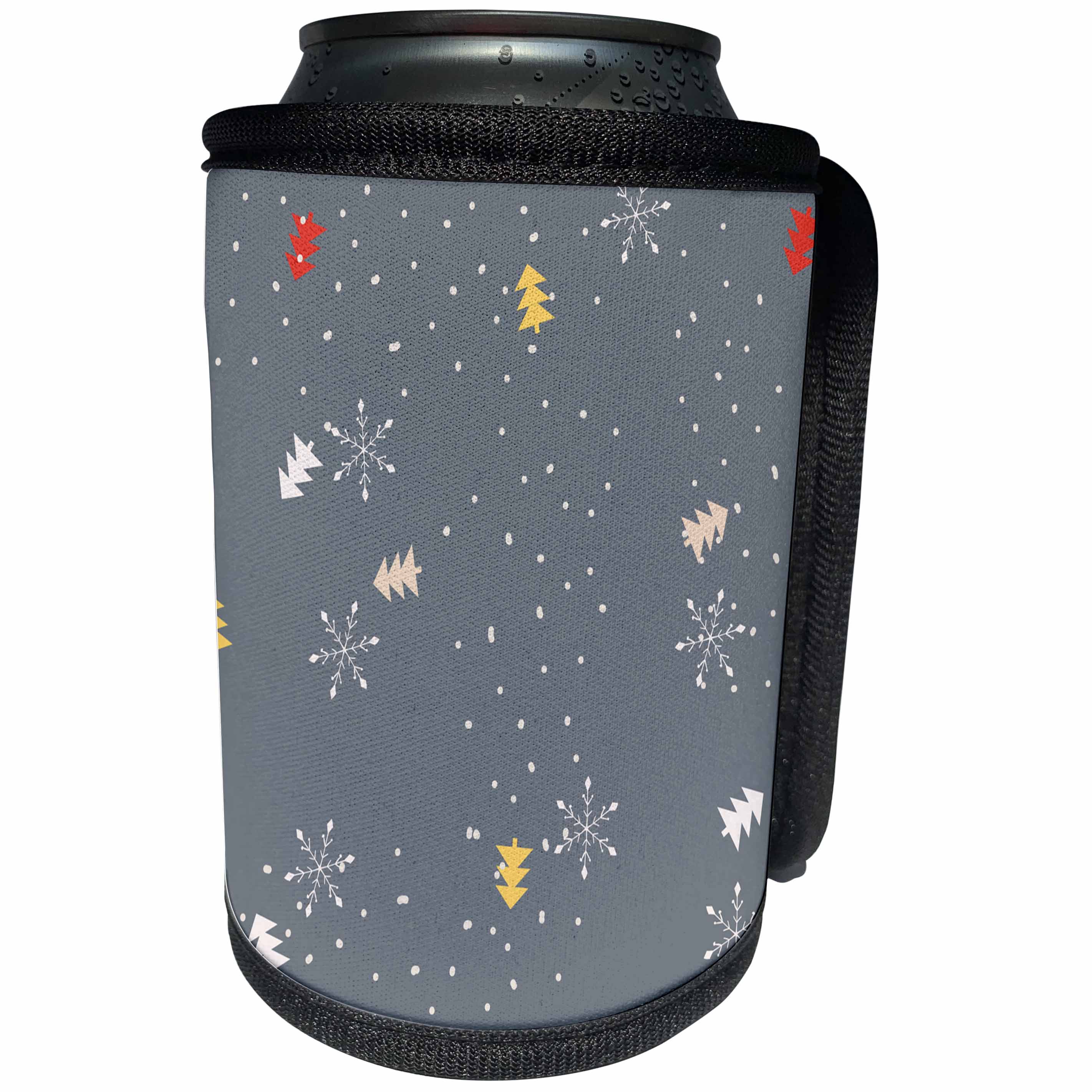 3dRose Anne Marie Baugh - Christmas - Cute Little Red, Yellow, and Pink Christmas Trees and Snowflakes - Can Cooler Bottle Wrap (cc_266613)