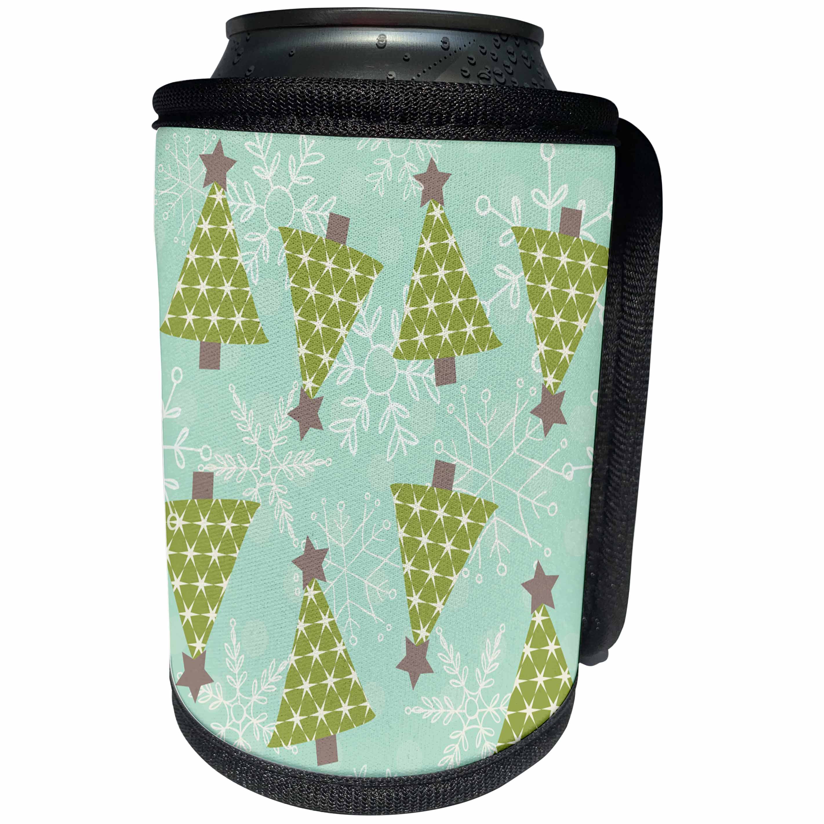 3dRose Anne Marie Baugh - Christmas - Cute Star Green Christmas Trees and Snowflakes On Aqua - Can Cooler Bottle Wrap (cc_266614)