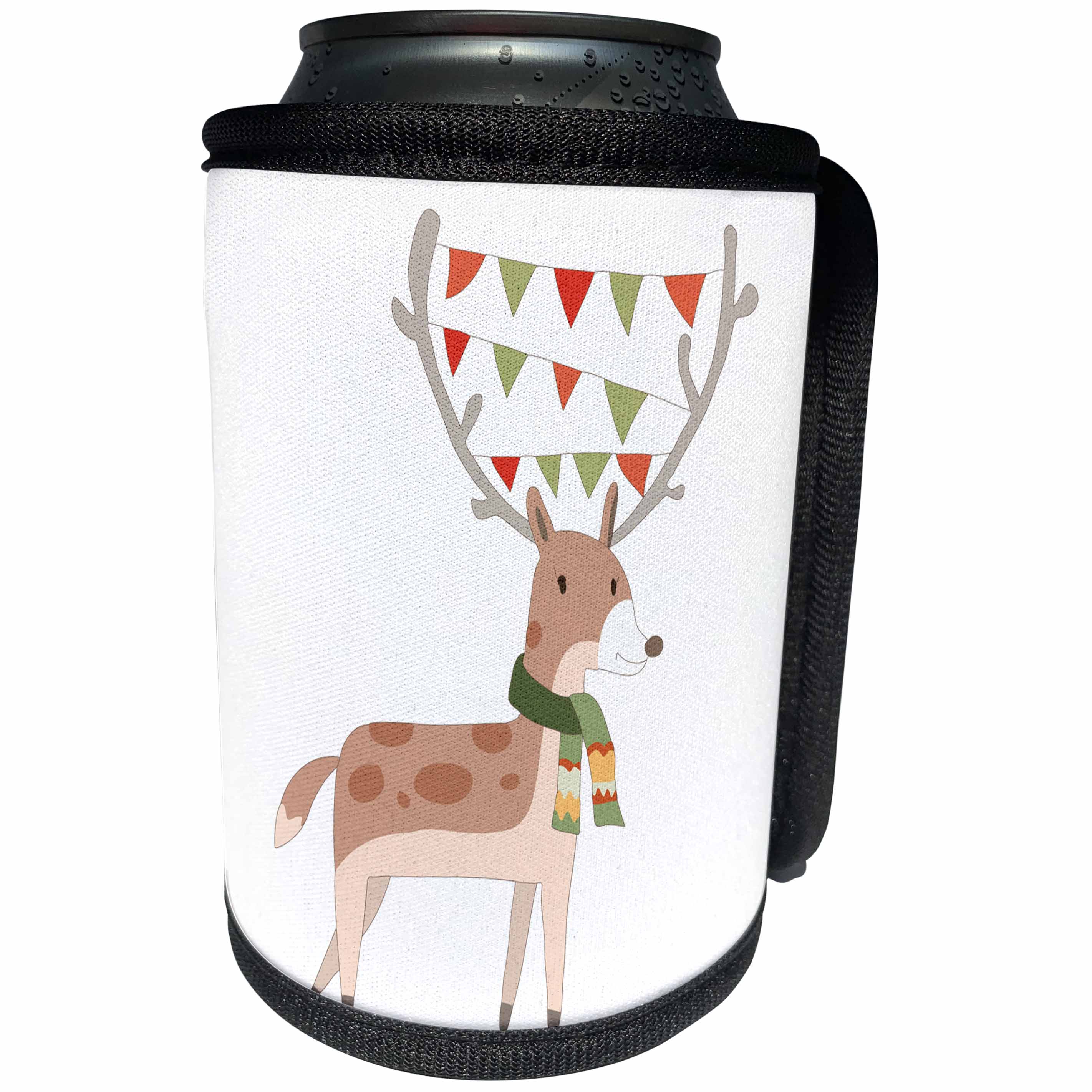 3dRose Anne Marie Baugh - Christmas - Cute Christmas Reindeer With Christmas Bunting Illustration - Can Cooler Bottle Wrap (cc_266616)