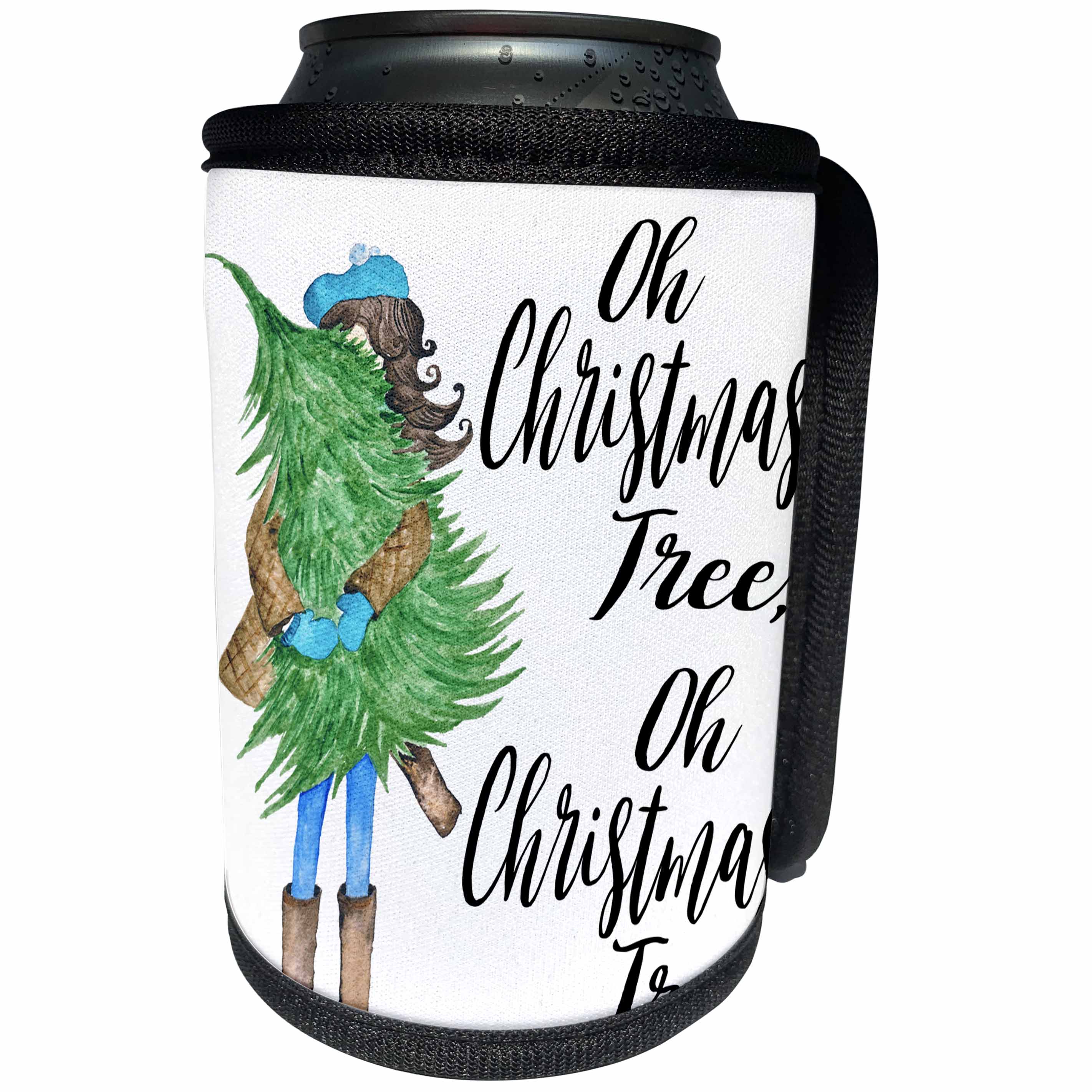 3dRose Anne Marie Baugh - Christmas - Cute Watercolor Girl Hugging A Christmas Tree With Oh Christmas Tree - Can Cooler Bottle Wrap (cc_266622)
