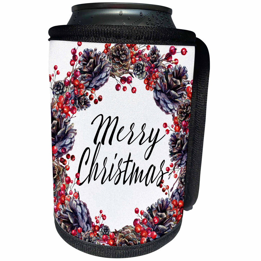 3dRose Anne Marie Baugh - Christmas - Pretty Pinecone and Berry Wreath With Merry Christmas Illustration - Can Cooler Bottle Wrap (cc_266623)