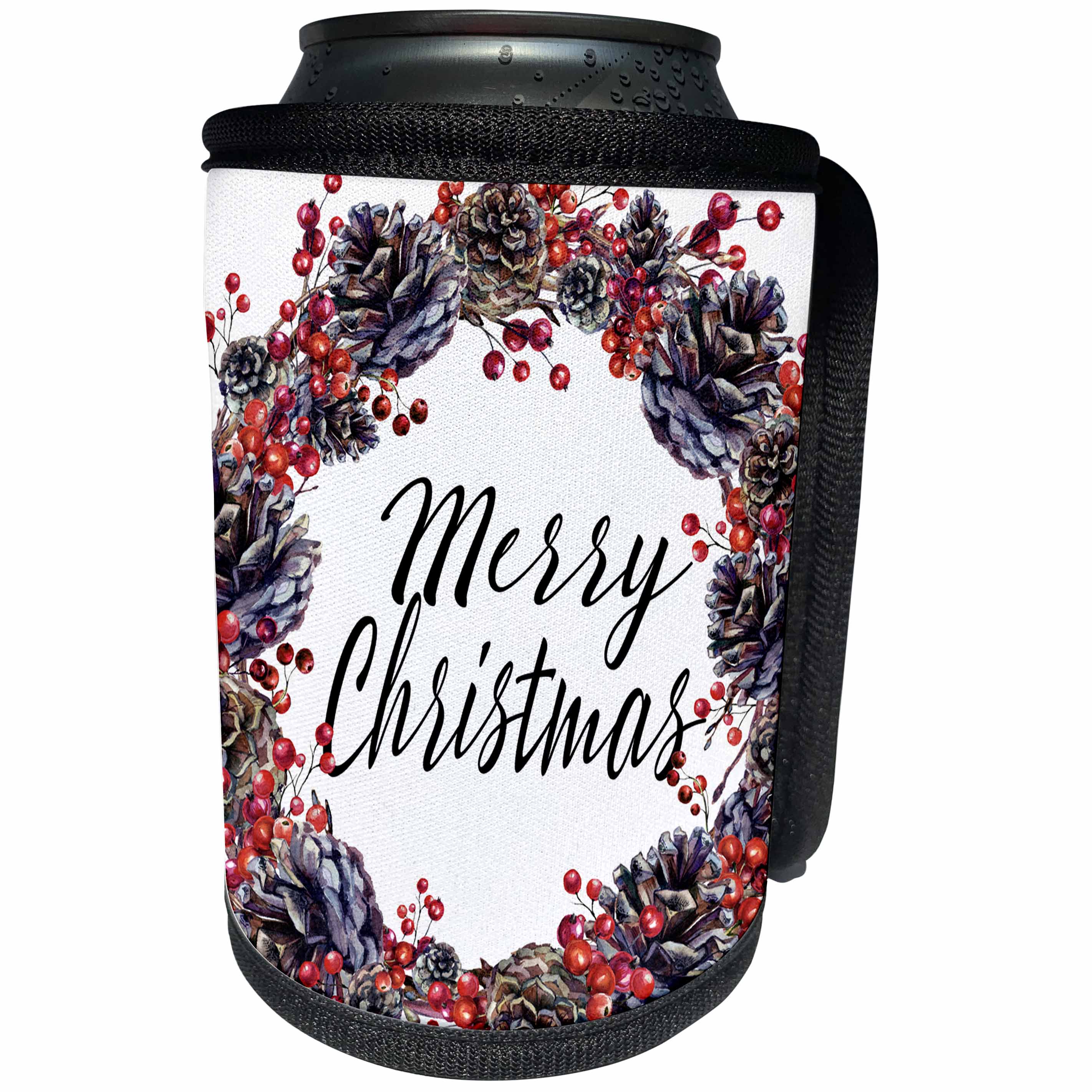 3dRose Anne Marie Baugh - Christmas - Pretty Pinecone and Berry Wreath With Merry Christmas Illustration - Can Cooler Bottle Wrap (cc_266623)