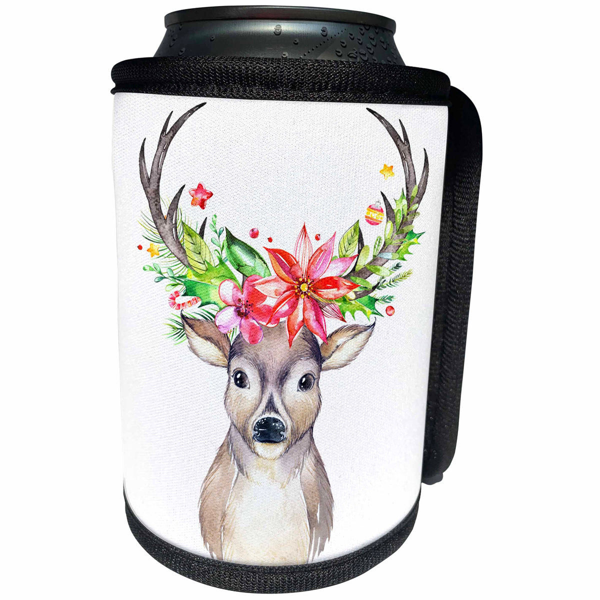 3dRose Anne Marie Baugh - Christmas - Pretty Watercolor Christmas Deer With Floral Antlers - Can Cooler Bottle Wrap (cc_266630)