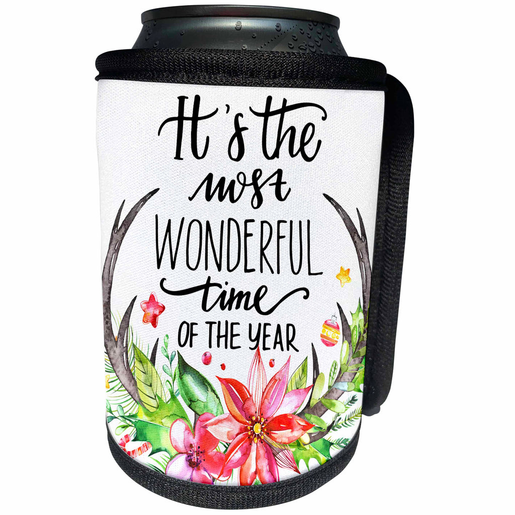 3dRose Anne Marie Baugh - Christmas - Its The Most Wonderful Time Of The Year Christmas Antlers - Can Cooler Bottle Wrap (cc_266631)
