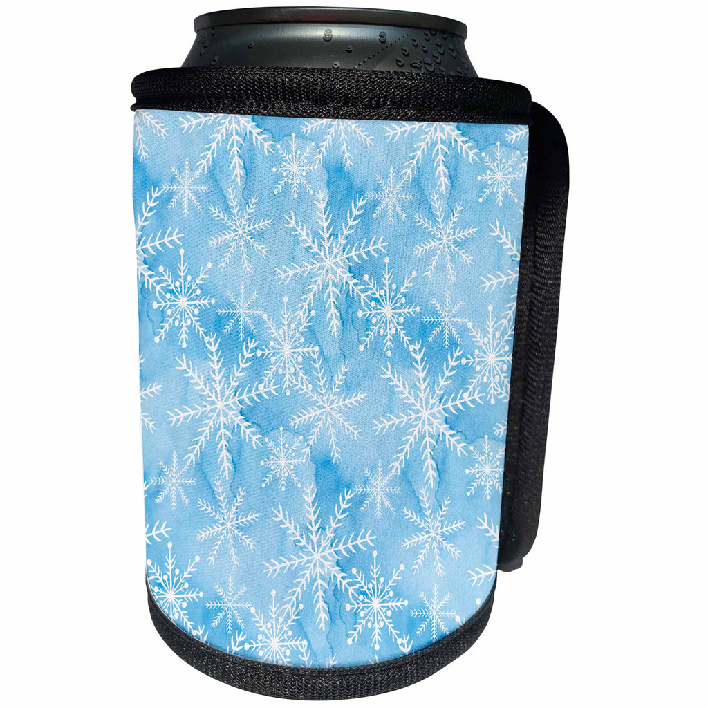 3dRose Anne Marie Baugh - Christmas - Pretty White Snowflakes On A Light Blue Watercolor Background - Can Cooler Bottle Wrap (cc_266640)