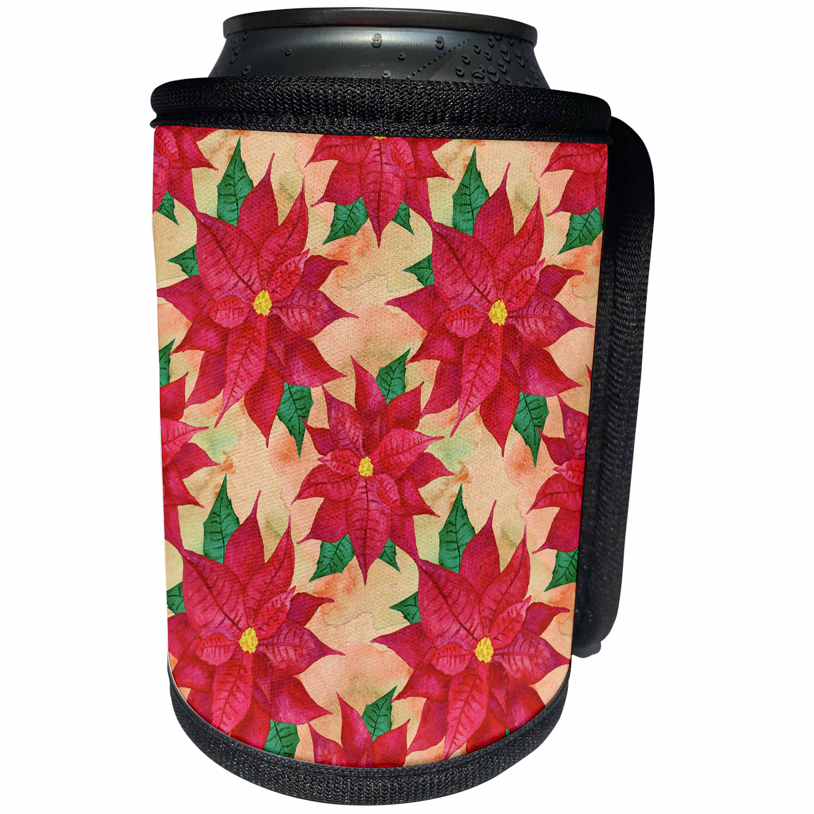3dRose Anne Marie Baugh - Christmas - Pretty Watercolor Christmas Poinsettia Flowers Pattern - Can Cooler Bottle Wrap (cc_266642)