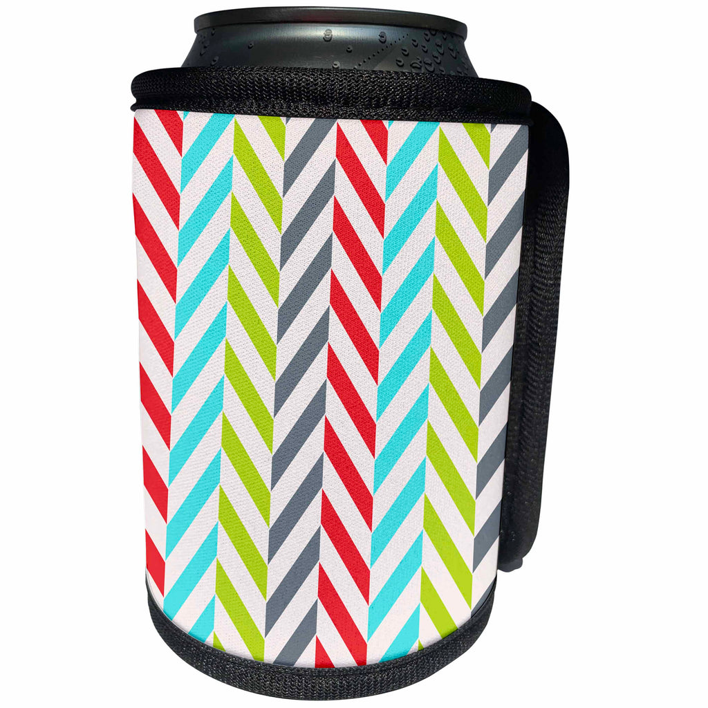 3dRose Anne Marie Baugh - Stripes - Red, Aqua, Green, Gray, and White Off Set Stripes - Can Cooler Bottle Wrap (cc_266669)