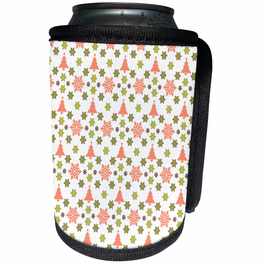 3dRose Anne Marie Baugh - Christmas - Cute Pink and Green Christmas Trees and Snowflakes Pattern - Can Cooler Bottle Wrap (cc_266678)
