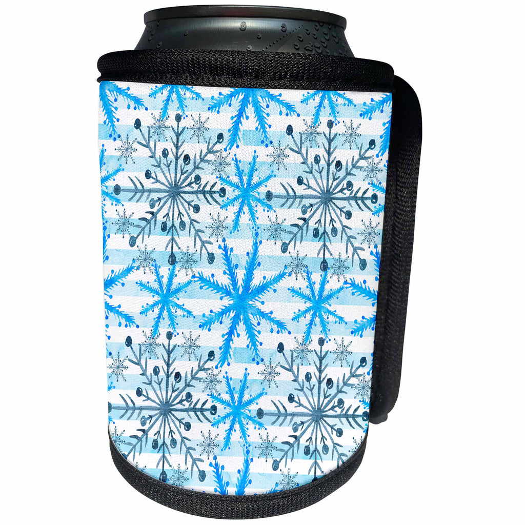 3dRose Anne Marie Baugh - Christmas - Pretty Blue Watercolor Snowflakes On Stripes Pattern - Can Cooler Bottle Wrap (cc_266691)