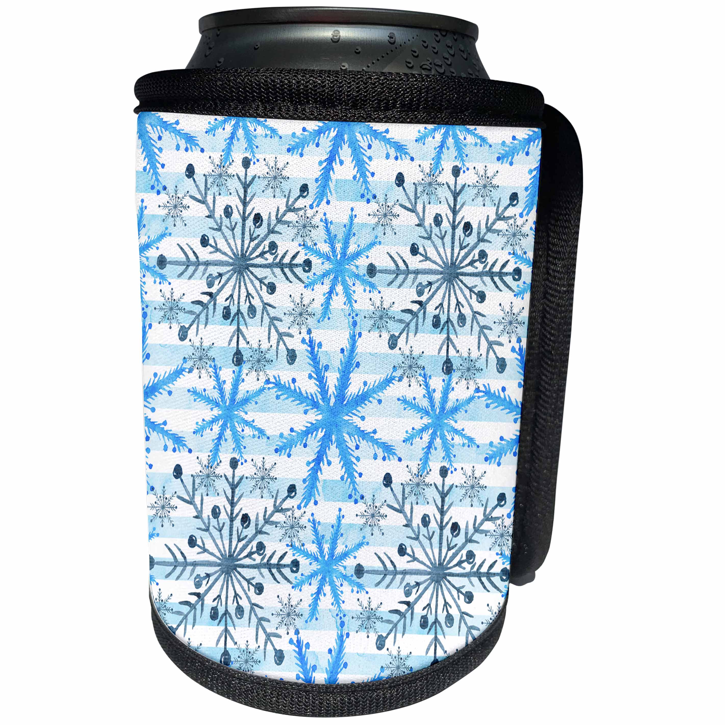 3dRose Anne Marie Baugh - Christmas - Pretty Blue Watercolor Snowflakes On Stripes Pattern - Can Cooler Bottle Wrap (cc_266691)