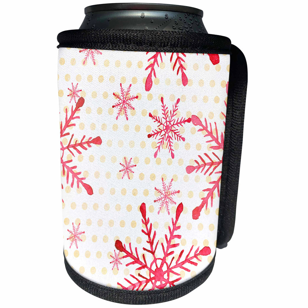 3dRose Anne Marie Baugh - Christmas - Pink Watercolor Snowflakes On A Pink Polka Dot Background - Can Cooler Bottle Wrap (cc_266704)