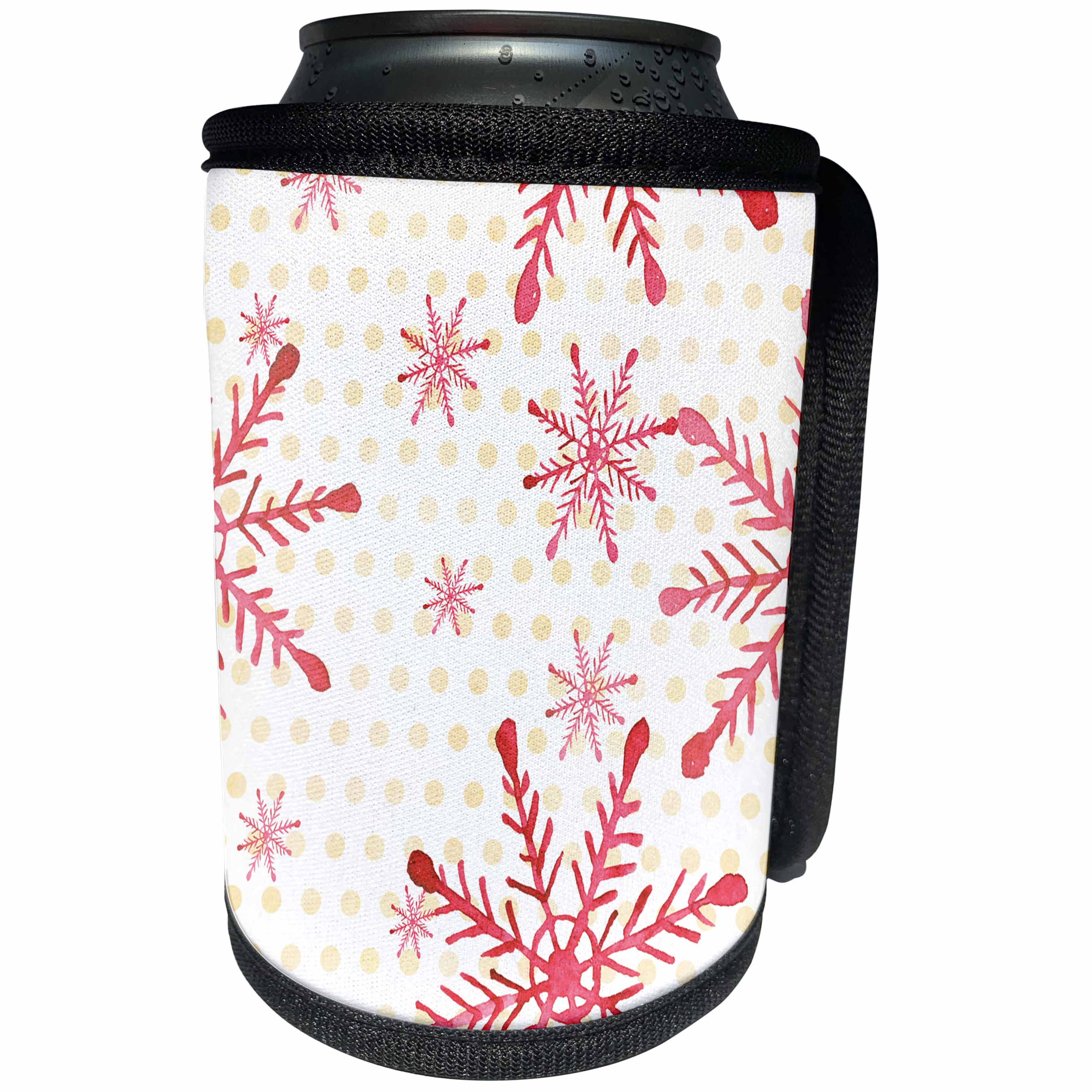 3dRose Anne Marie Baugh - Christmas - Pink Watercolor Snowflakes On A Pink Polka Dot Background - Can Cooler Bottle Wrap (cc_266704)