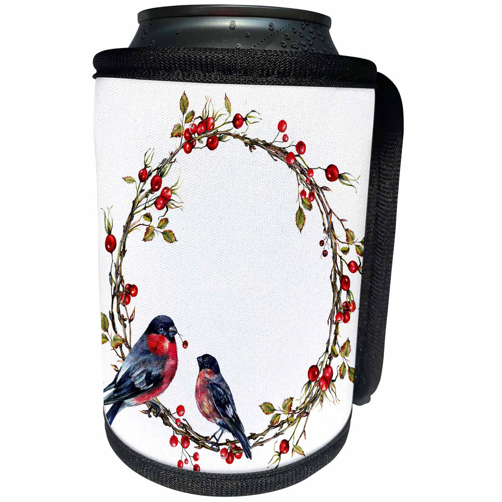 3dRose Anne Marie Baugh - Christmas - Pretty Christmas Holly Berry With Two Birds Wreath Illustration - Can Cooler Bottle Wrap (cc_266718)