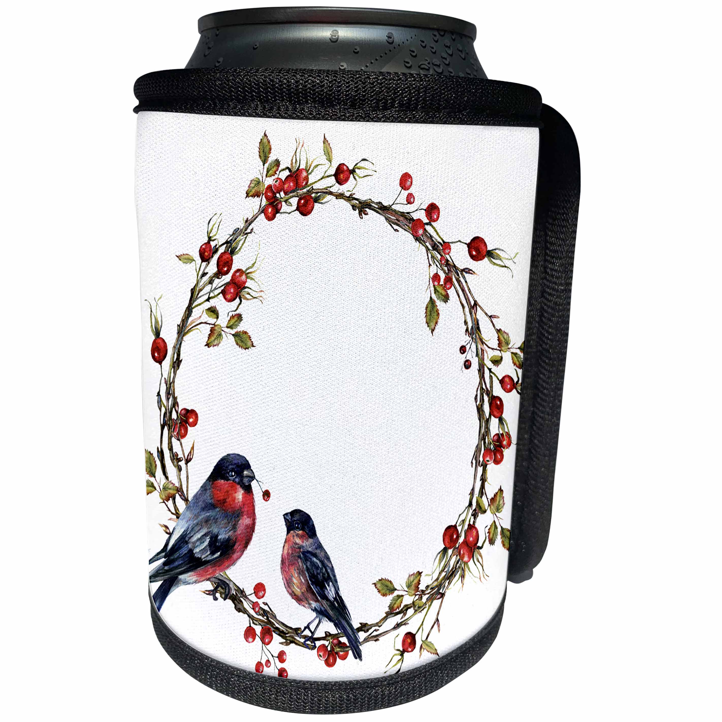 3dRose Anne Marie Baugh - Christmas - Pretty Christmas Holly Berry With Two Birds Wreath Illustration - Can Cooler Bottle Wrap (cc_266718)