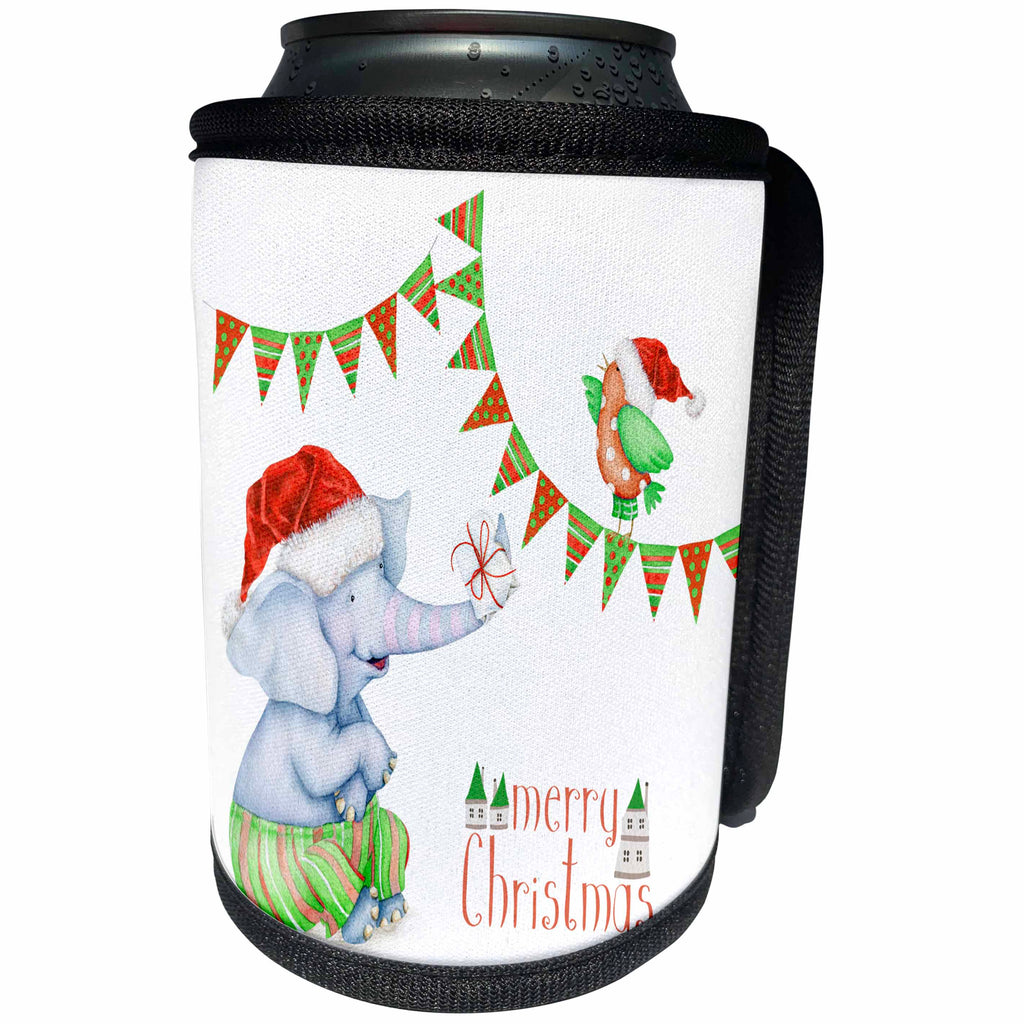 3dRose Anne Marie Baugh - Christmas - Cute Christmas Elephant and Bird With Merry Christmas - Can Cooler Bottle Wrap (cc_266731)