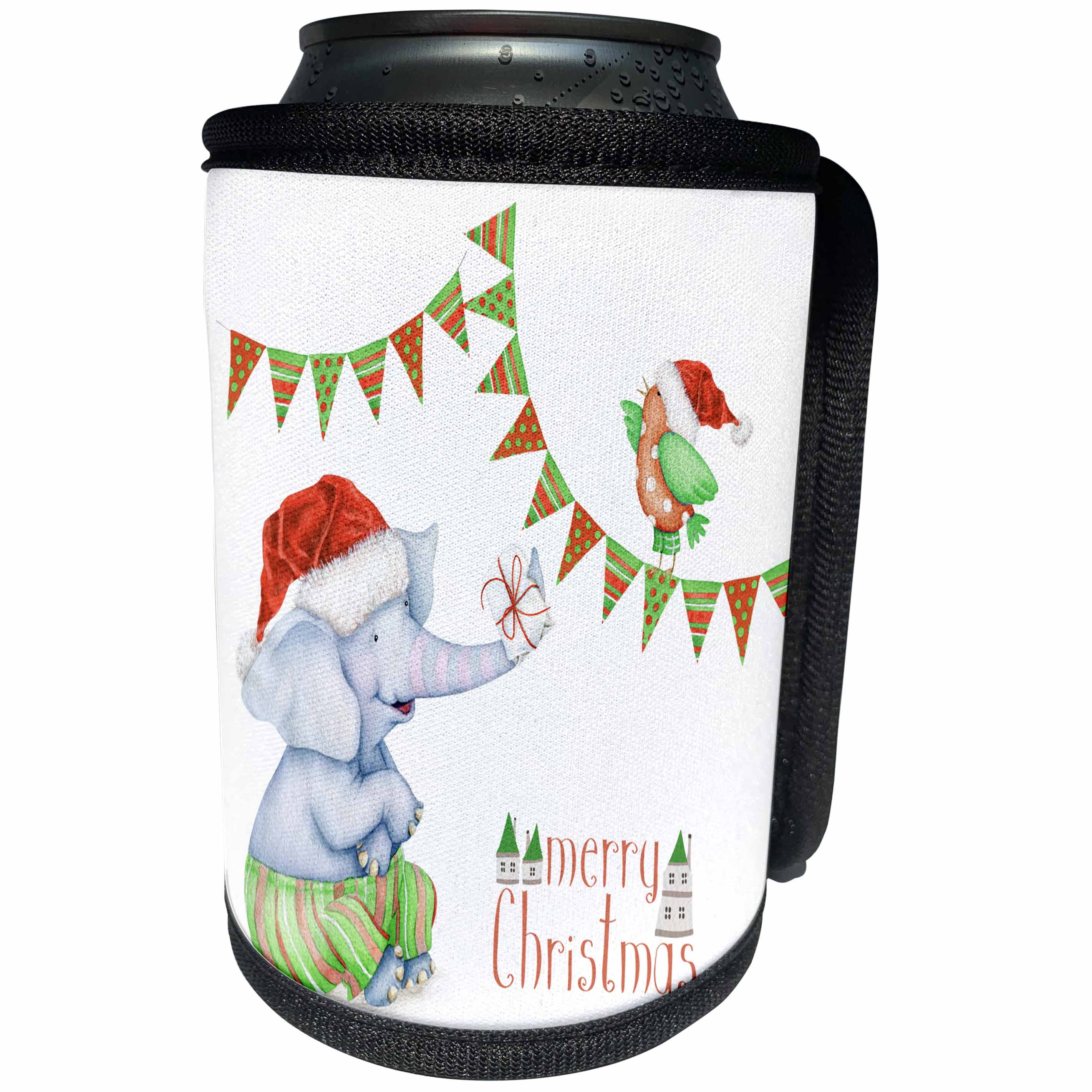 3dRose Anne Marie Baugh - Christmas - Cute Christmas Elephant and Bird With Merry Christmas - Can Cooler Bottle Wrap (cc_266731)