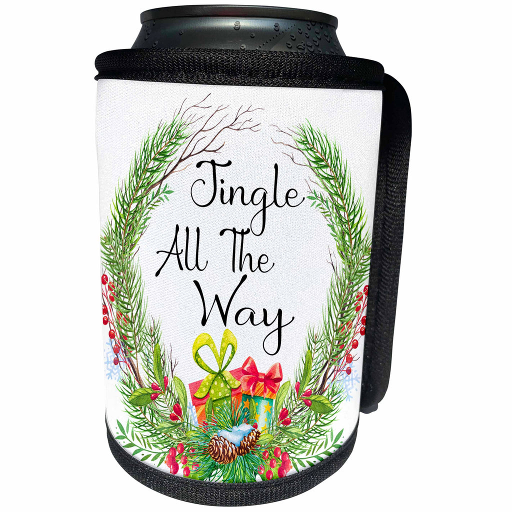 3dRose Anne Marie Baugh - Christmas - Pretty Pine Wreath With Jingle All The Way Christmas Illustration - Can Cooler Bottle Wrap (cc_266734)