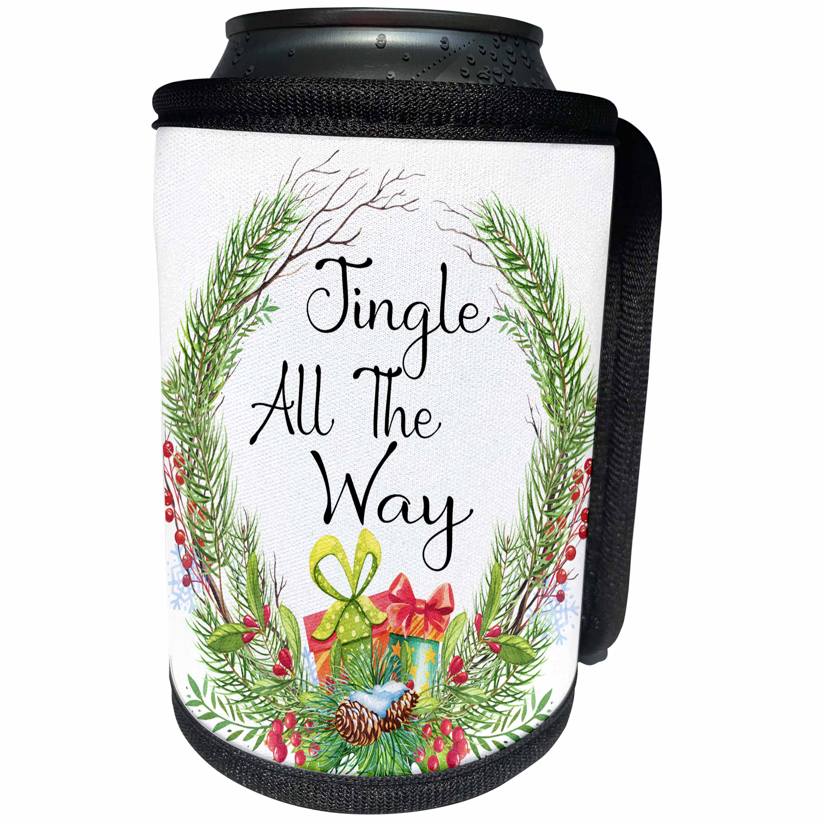 3dRose Anne Marie Baugh - Christmas - Pretty Pine Wreath With Jingle All The Way Christmas Illustration - Can Cooler Bottle Wrap (cc_266734)