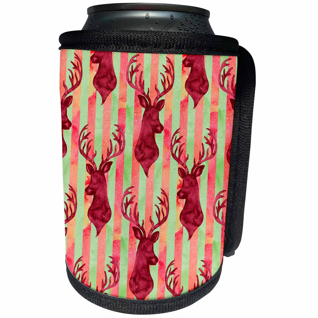 3dRose Anne Marie Baugh - Christmas - Watercolor Burgundy Deer-Buck On Red and Green Christmas Stripes - Can Cooler Bottle Wrap (cc_266737)