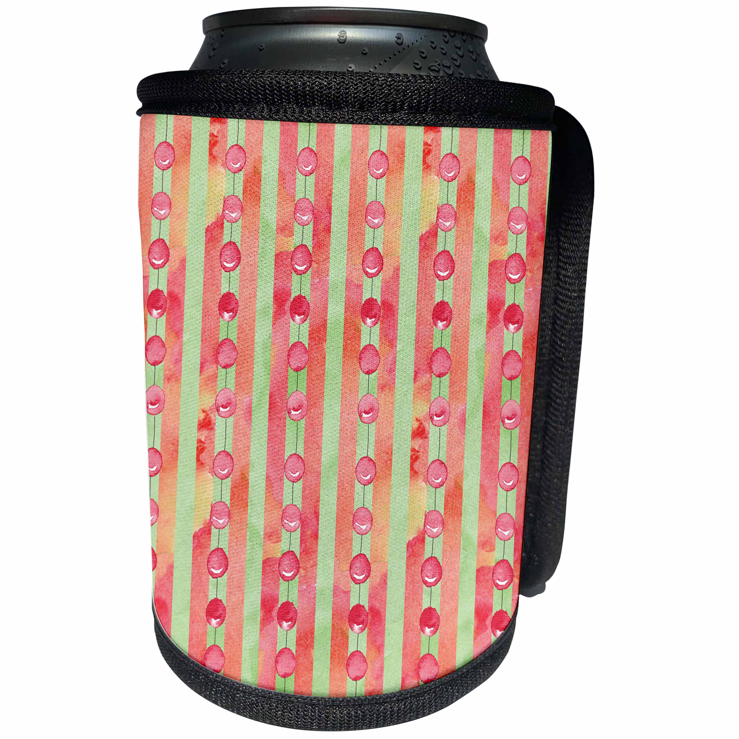 3dRose Anne Marie Baugh - Christmas - String Of Watercolor Christmas Ornaments In Red and White Stripes - Can Cooler Bottle Wrap (cc_266745)