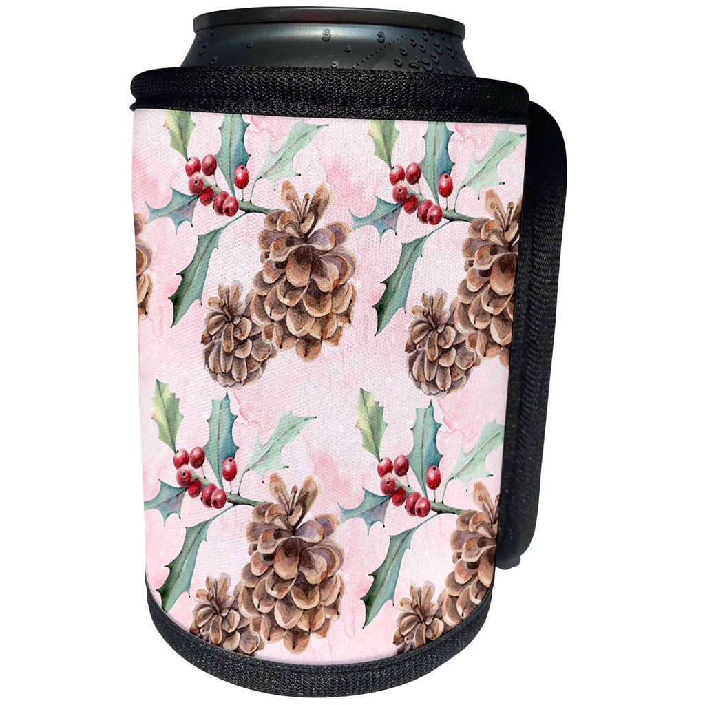 3dRose Anne Marie Baugh - Christmas - Pretty Watercolor Holly Berry and Pine Cones Pattern - Can Cooler Bottle Wrap (cc_266751)