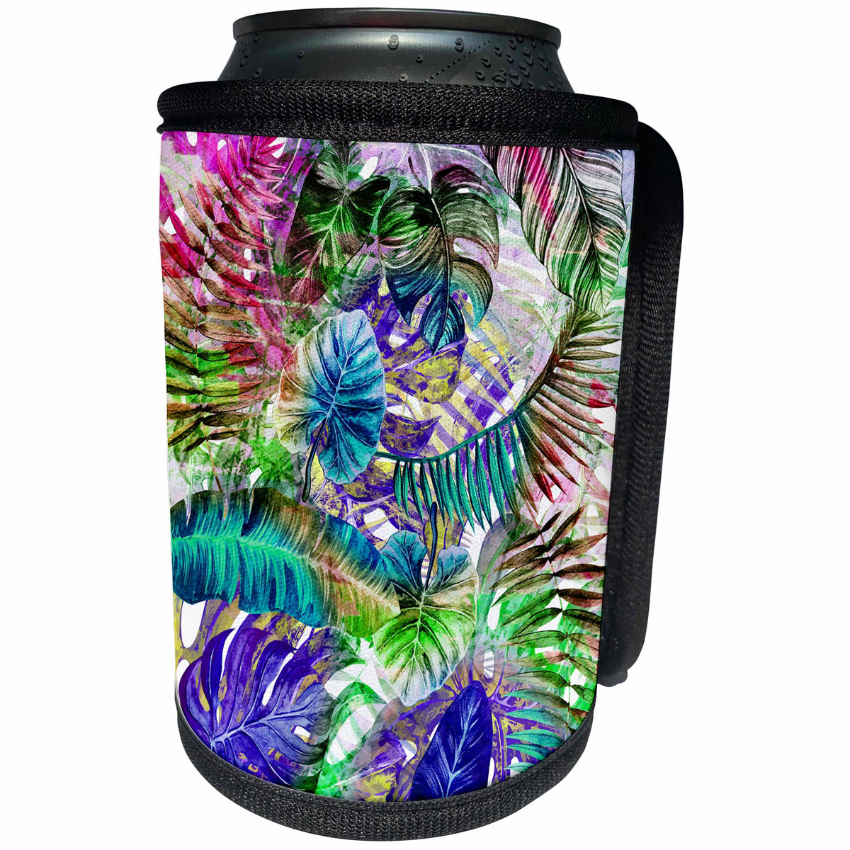 3dRose Uta Naumann Pattern - Aloha Colorful Foliage Leaf Jungle Tropical Hawaii Pattern - Can Cooler Bottle Wrap (cc_266815)
