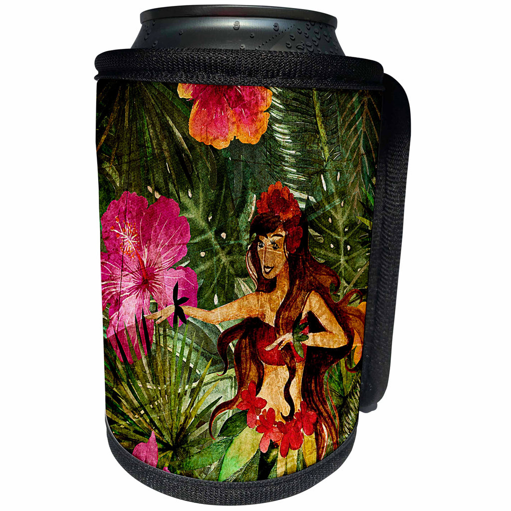 3dRose Uta Naumann Pattern - Aloha Colorful Flamingo Hula girl Jungle Tropical Floral Hawaii Pattern - Can Cooler Bottle Wrap (cc_266819)