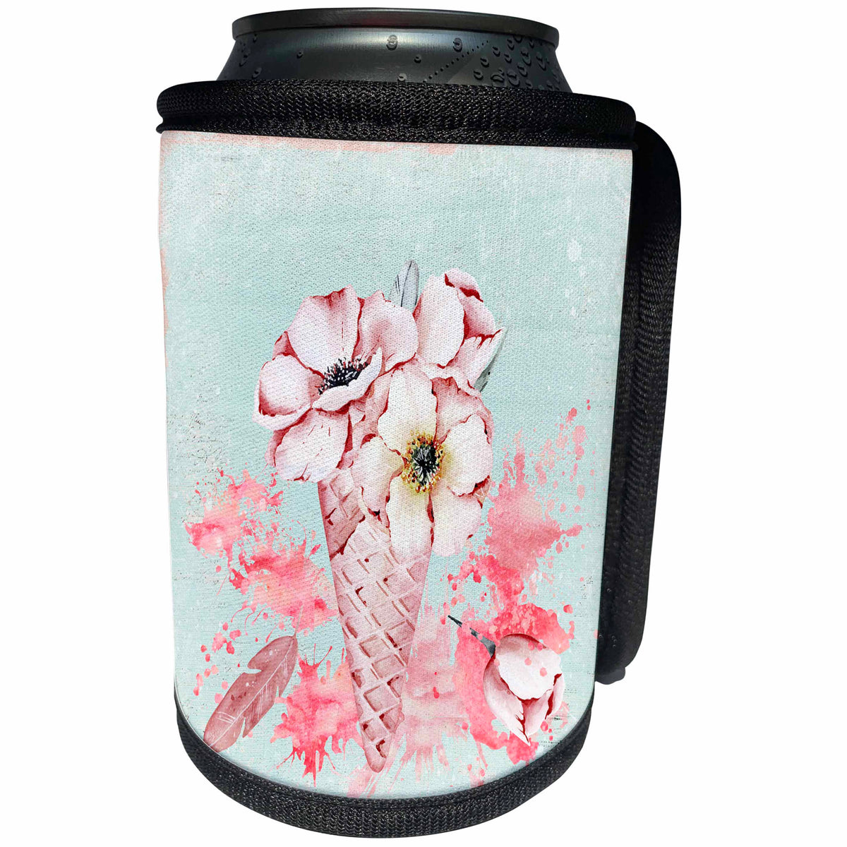3dRose Uta Naumann Watercolor Illustration Flowers - Pink Flowers In an Ice-Cream Cone in Pastel Watercolor Illustration - Can Cooler Bottle Wrap (cc_266830)